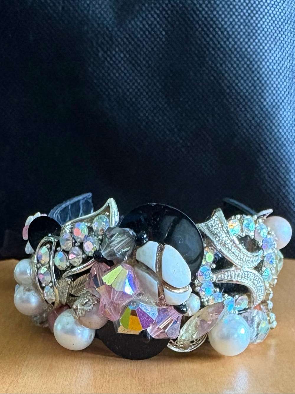 Statement Crystal, Pearl & Black Leather Cuff Bracelet